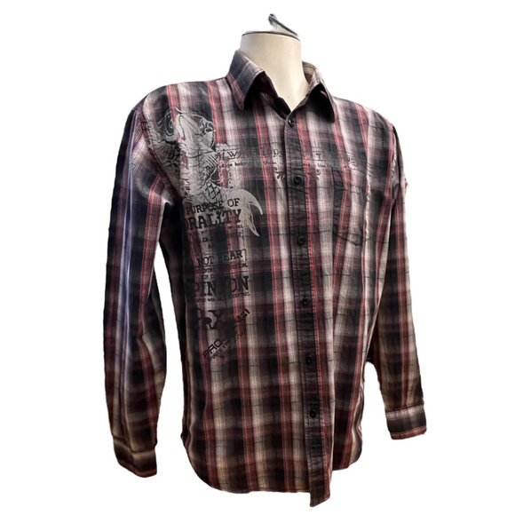 Projek Raw Shirt Mens XL Black Red Gray Plaid Graphic Button Up Long Sleeve - Picture 2 of 12